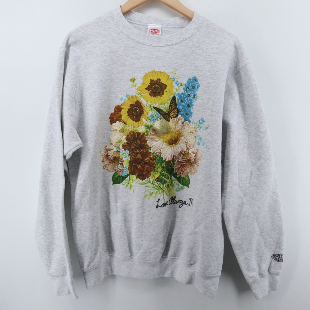 Petals and Peacocks Sweatshirt Mens Medium Floral Butterfly Gray Modern Good - Picture 2 of 7